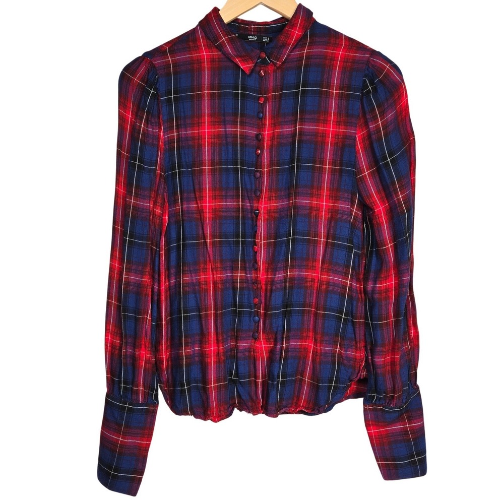 Mango MNG Basics Womens Annie Red Blue Plaid Long Sleeve Button‎ Up Shirt Size 4